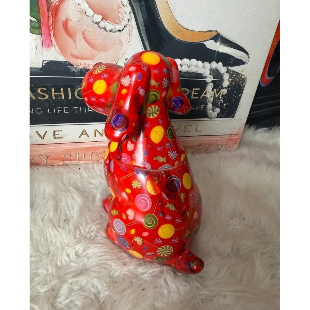 Red Candy Pattern Ceramic Dog Money Jar Treat Canister Whimsical Kitchen Decor